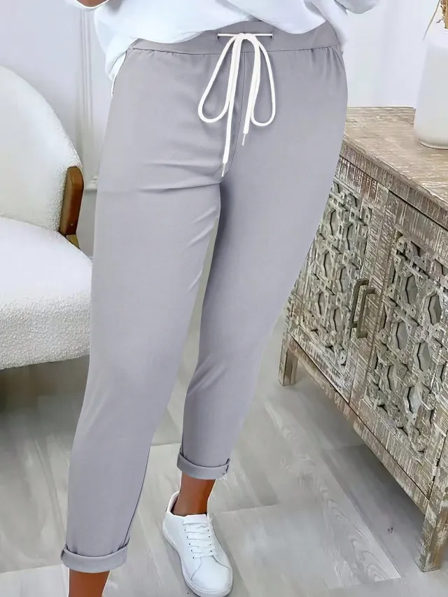 Women's Fashion Belt Lace Up Casual Trousers Light Gray - Shop at LoveMi