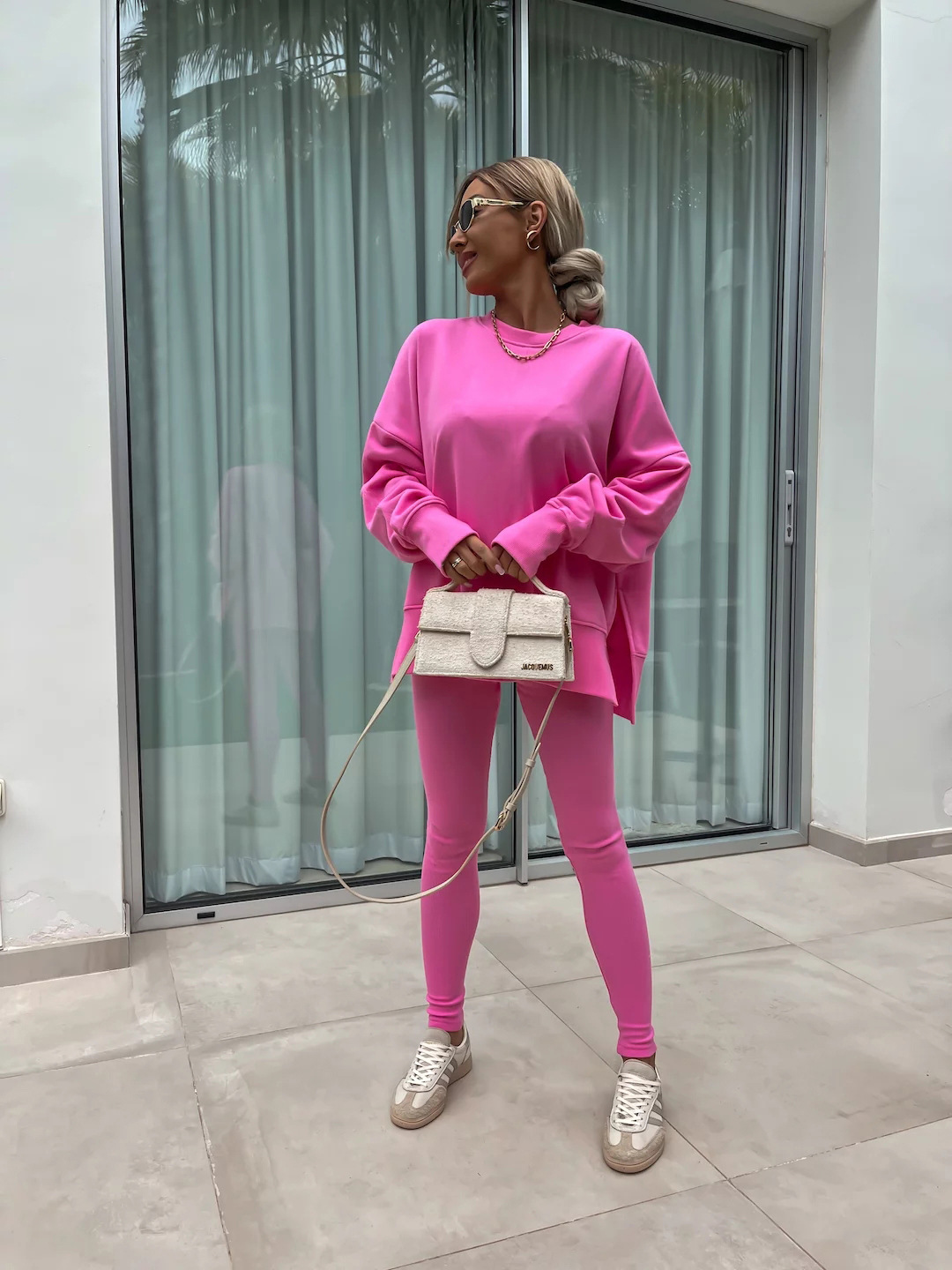 Casual Loose Sweater Suit with Tight Trousers. Product information: Color: apricot, red, khaki, pink, blue, purple, orange, green, black Sleeve type: regular sleeve Pants length: trousers Main fabric composition: Polyester (polyester fiber) Size: S,M,L,XL