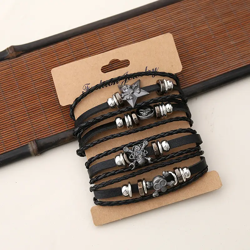 Punk Leather Bracelet Men's Hand Decoration Alloy Bracelet Fashion Woven Skull