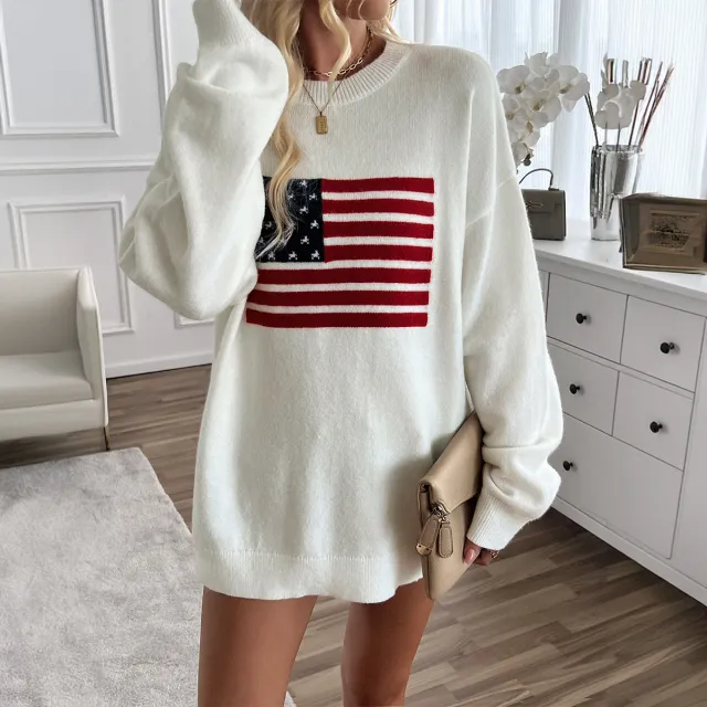 Women's Casual Loose Yarn dyed Independence Day Long sleeved T shirt Top Beige - Shop at LoveMi