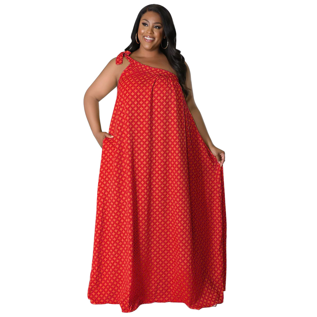 Plus size Women's Sexy Backless Solid color Printed One shoulder Halter Dress Red - Shop at LoveMi