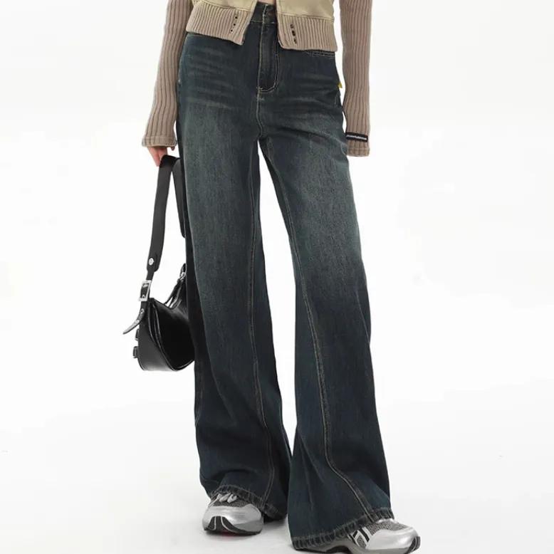 Women's American Retro High Street Loose Fitting Jeans - Retro Blue