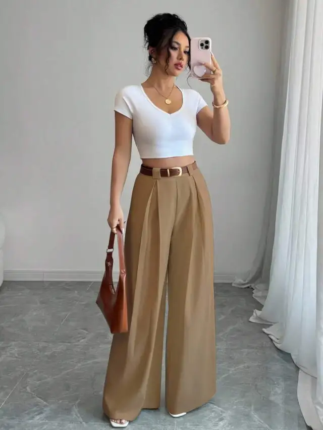 European And American style Drapey Slimming Straight leg Casual Pants Camel - Shop at LoveMi