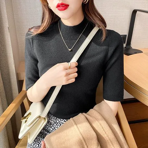Solid Color Early Autumn Mock-neck Mid-length Sleeve Tight Bottoming Shirt For Women - Black