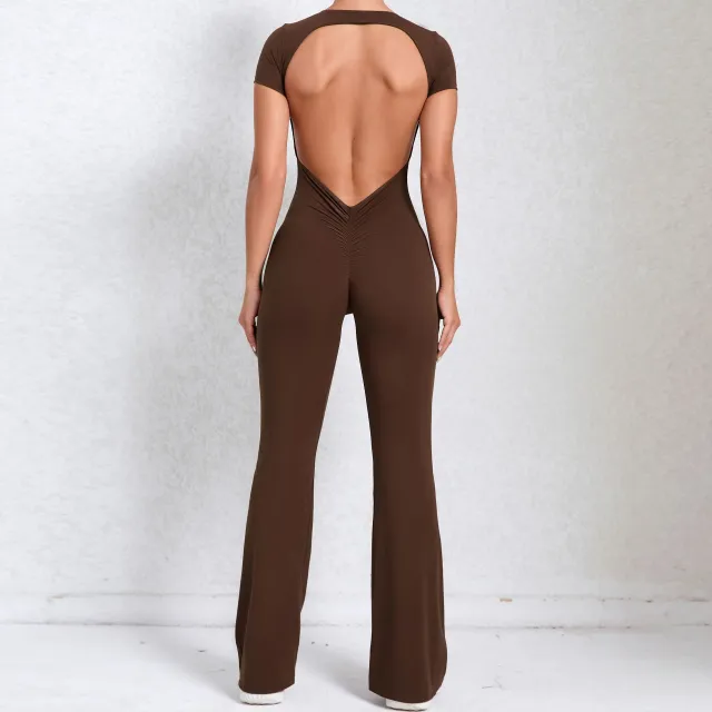 Bare Back Short Sleeve Nude Feel Yoga Outer Wear Fitness Sports Jumpsuit Brown - Shop at LoveMi