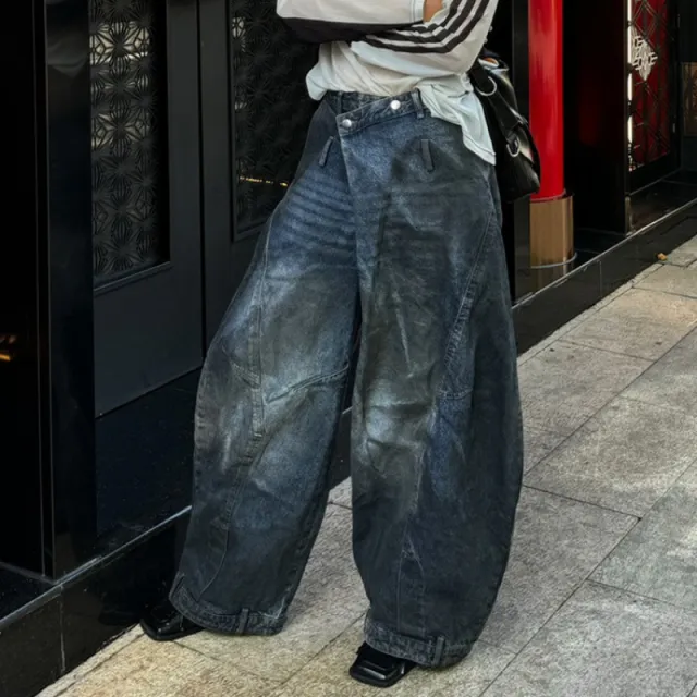 Retro Distressed Washed Reverse Waist Jeans Wide Leg Pants - Shop at LoveMi