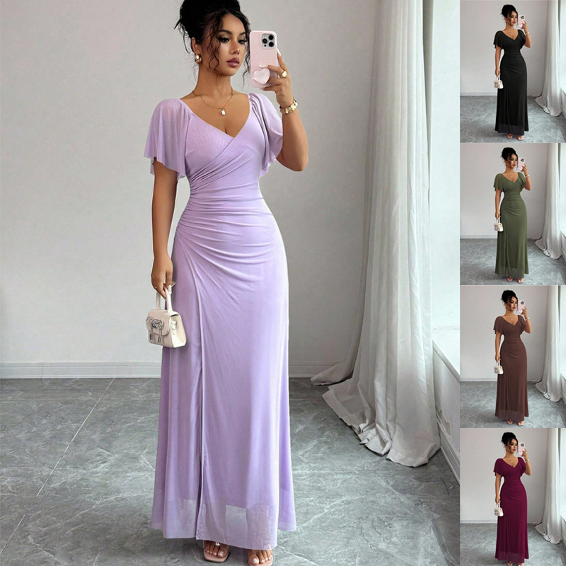 Flutter-sleeve Pleated Elegant Sheath Dress