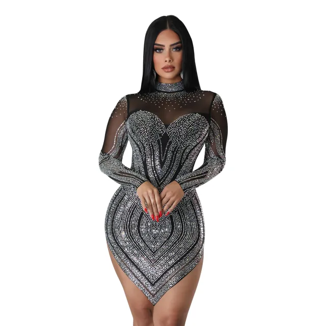 Womens Solid Color Mesh Rhinestone Embellished Long Sleeve Mini Dress Black - Shop at LoveMi