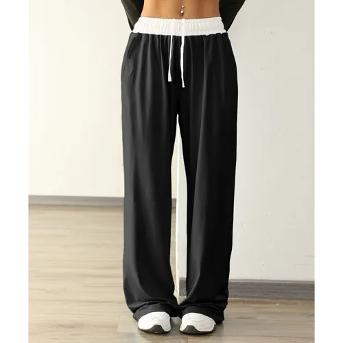 Women's Casual Sports Contrast Color Loose Comfortable Drawstring Trousers Black - Shop at LoveMi