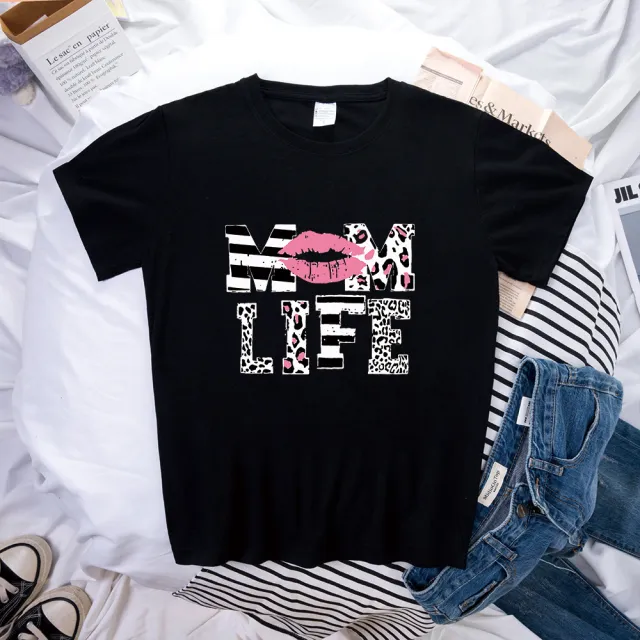 Mother's Day MOM LIFE Leopard Print Lip Printings Round Neck Short Sleeve T shirt Black - Shop at LoveMi