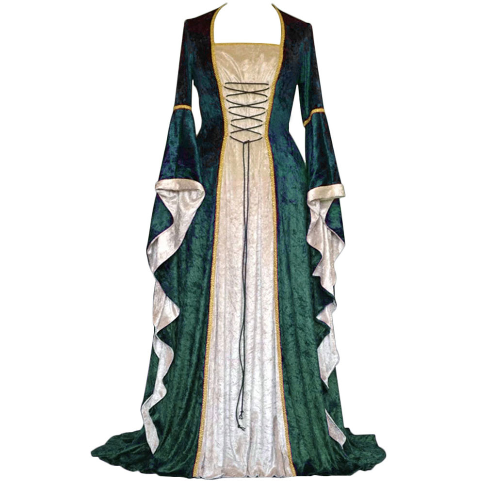 Vintage Medieval Womens Dress With Velvet And Flared Sleeves