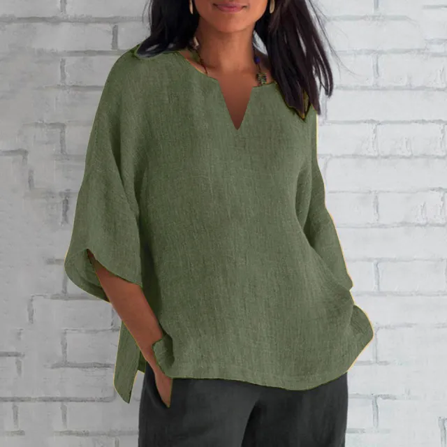 Three quarter Sleeve Cotton And Linen V neck Top Split Women's Clothing Army Green - Shop at LoveMi