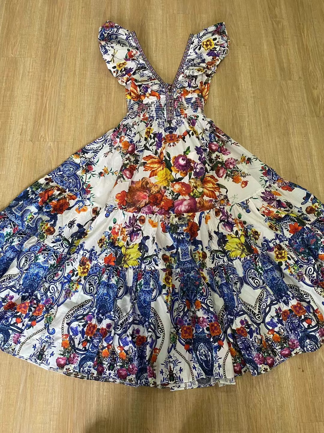 V-neck Flounce Retro Printed Midi Skirt Dress