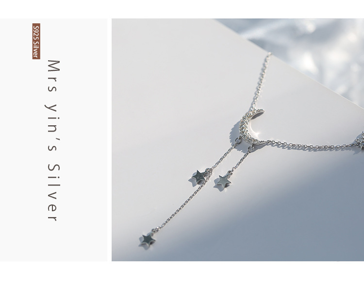 Title 3, Silver star moon tassel necklace female