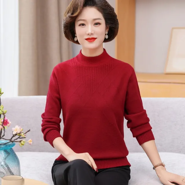 Mock Neck Sweater Mom's Fashionable Pullover Bottoming Shirt Wine Red - Shop at LoveMi