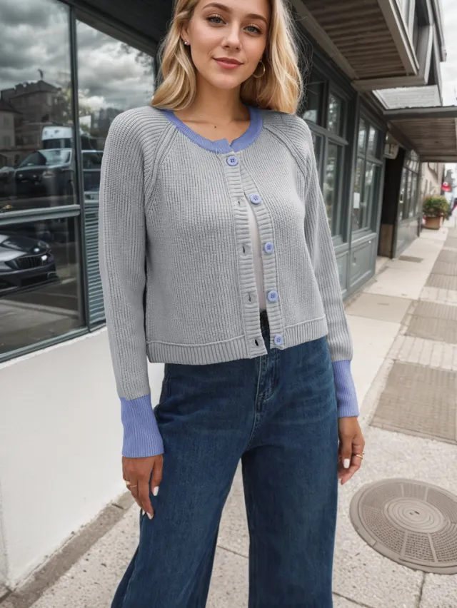 Fashion Round Neck Single Row Button Contrast Color Coat For Women Gray - Shop at LoveMi