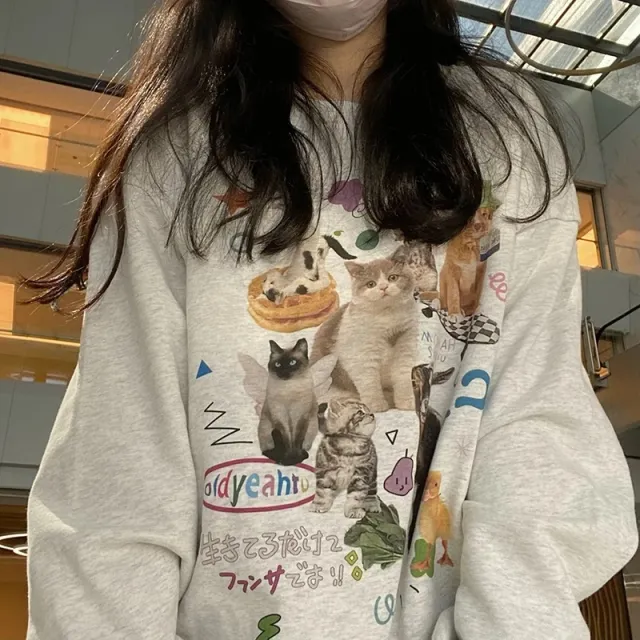 Milk Cat Printed Sweatshirt Autumn Winter Long Sleeve Fashio Lightgrey - Shop at LoveMi