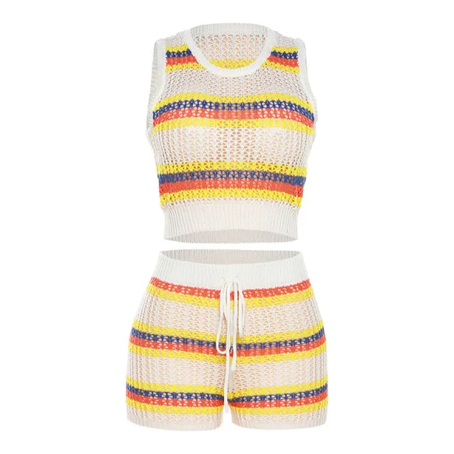 Knitted Contrasting Sleeveless Top With High Waist And Buttocks Shorts Casual Set White - Shop at LoveMi