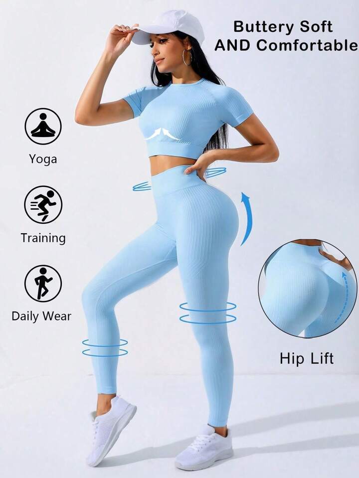 Women's Seamless Thread Yoga Suit Short Sleeve Light Blue Suit - Shop at LoveMi