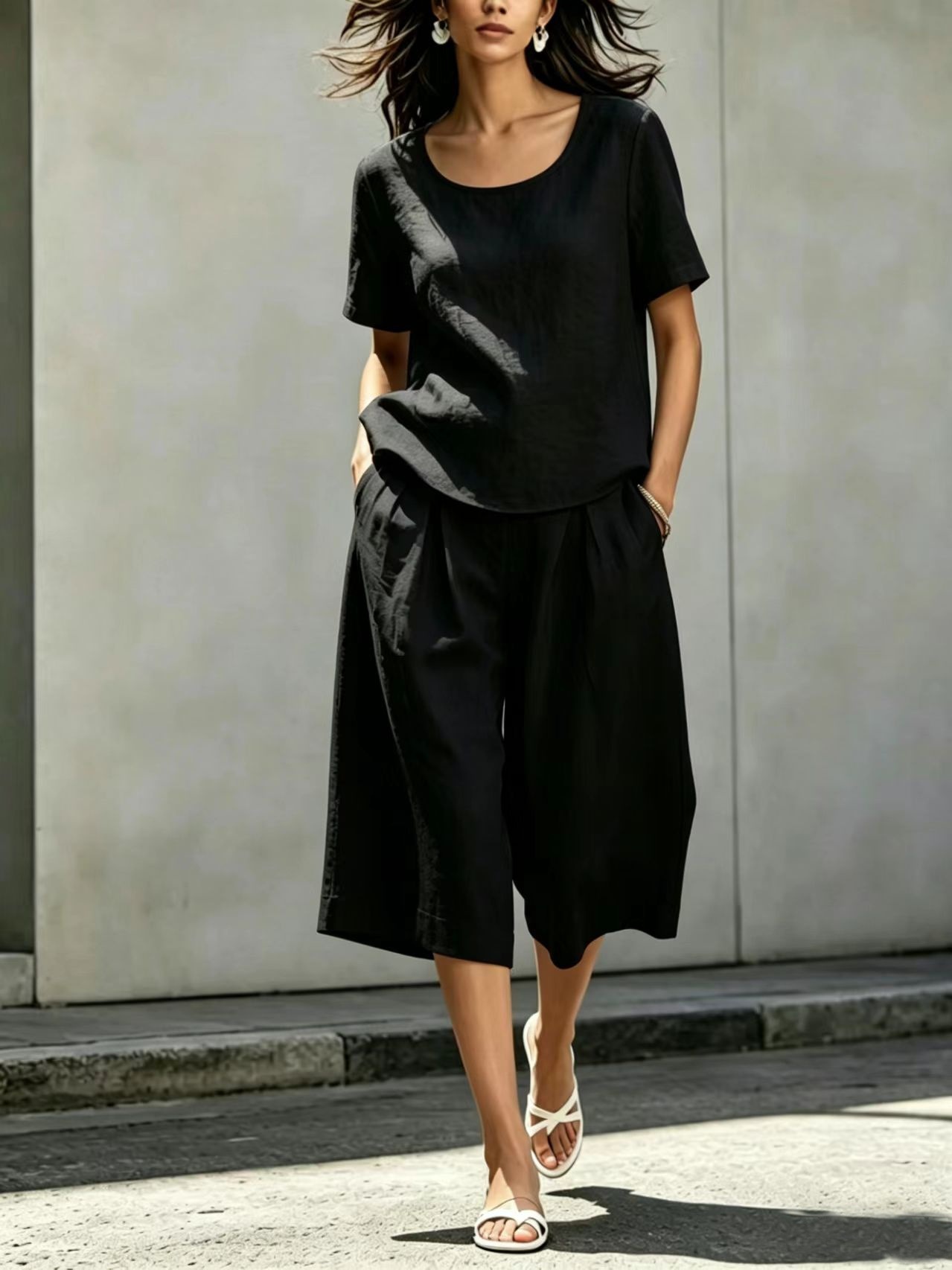 Women's Cotton-Linen Short-Sleeve Top and Shorts Set – Black colorway lifestyle shot