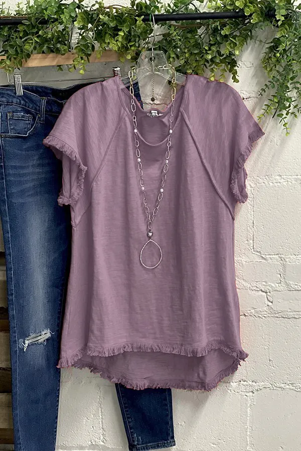 Solid Color Cotton Tassel Design Short Sleeve Round Neck T shirt Purple - Shop at LoveMi