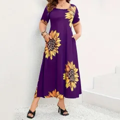 Sunflower Print Loose Short Sleeve Dress - Purple - View 1