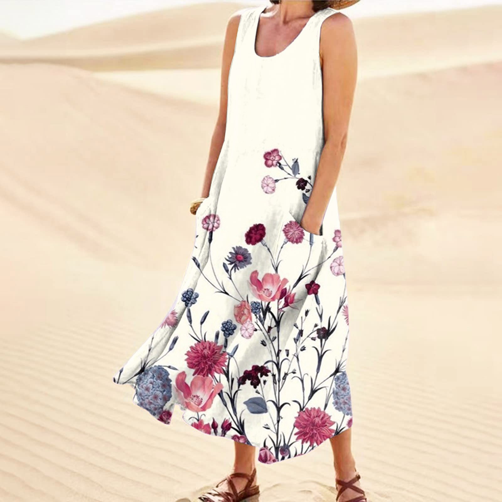 Printed Loose Waist Mid-skirt Black Vest Dress