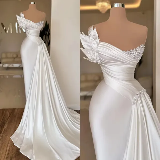 White Graceful Satin Simple Lightweight Wedding Dress Long Dress White - Shop at LoveMi
