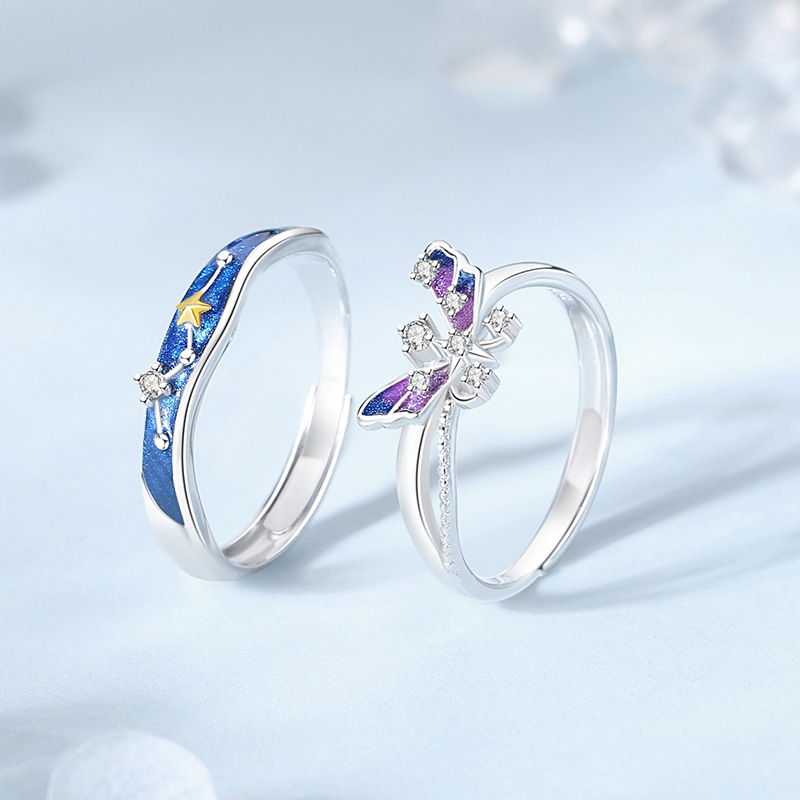 Starry Butterfly Lovers Couple Ring, Pure Silver, Small And Popular
