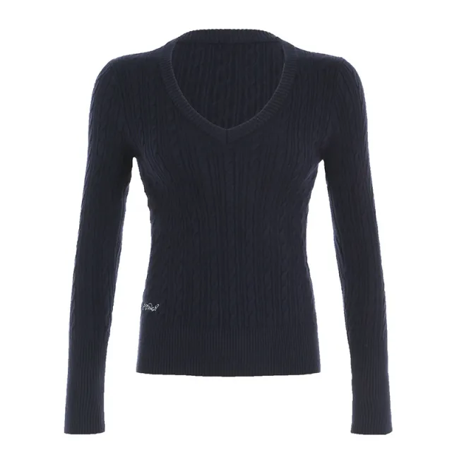 Women's Contrast Color Twist Long sleeved Sweater Dark Blue - Shop at LoveMi