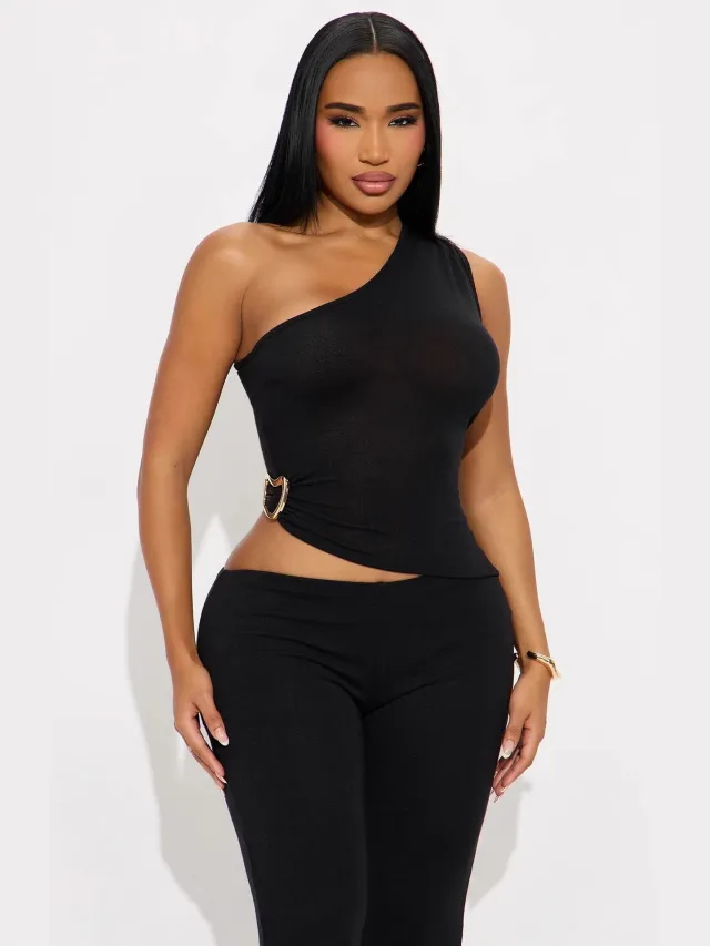 Fashionable Solid Color Slim Fit Asymmetrical Neck Tops And Pants Set That Flatters Your Figure Black - Shop at LoveMi