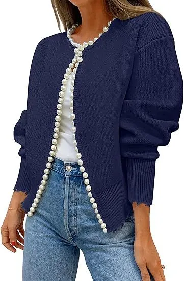 Knitted Cardigan Coat Pearl Decoration Irregular Blue And Purple - Shop at LoveMi
