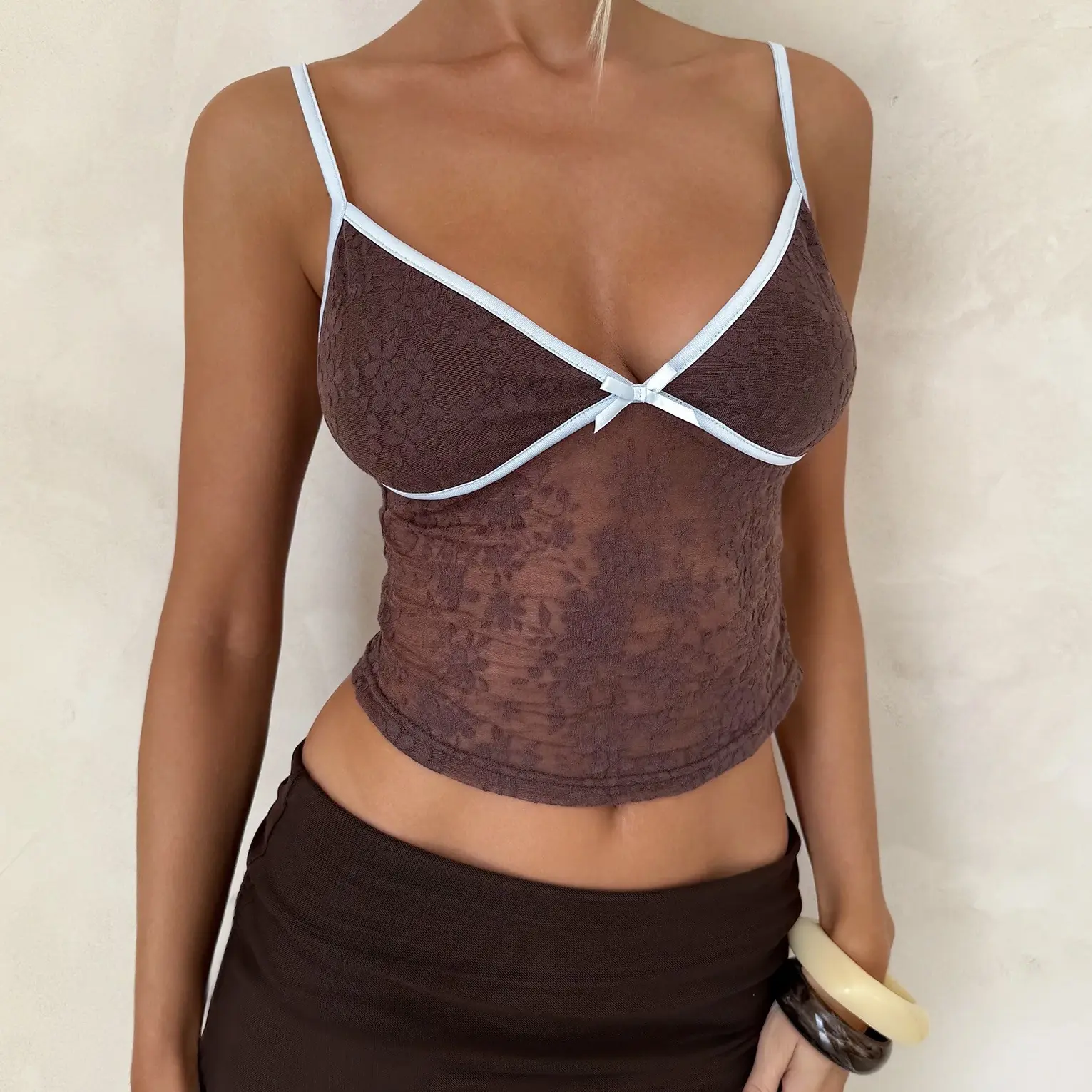 Lace Bow-Embellished Seam-Spliced Petite Sexy V-Neck Colorblock