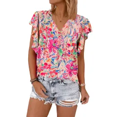 Women's Thin V-neck Ruffled Printed Short-sleeved Shirt - Lc25224802 Colour - View 1