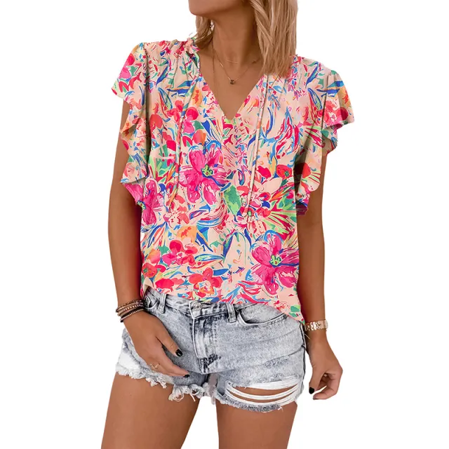 Women's Thin V neck Ruffled Printed Short sleeved Shirt Lc25224802 Color - Shop at LoveMi