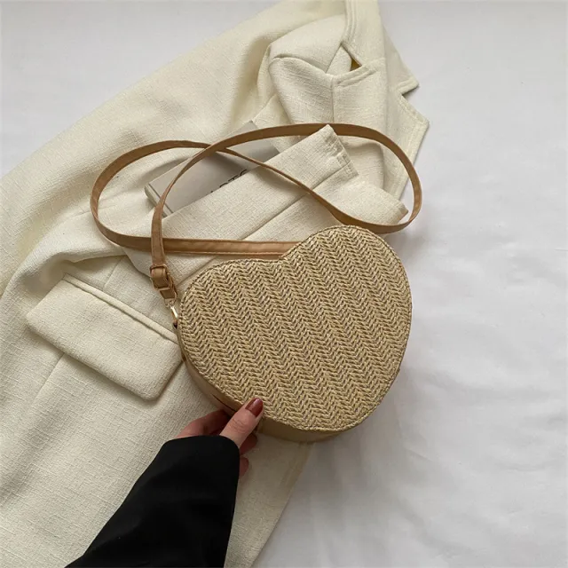 Straw Shoulder Cute Heart Shape Mini Crossbody Bag Khaki - Shop at LoveMi