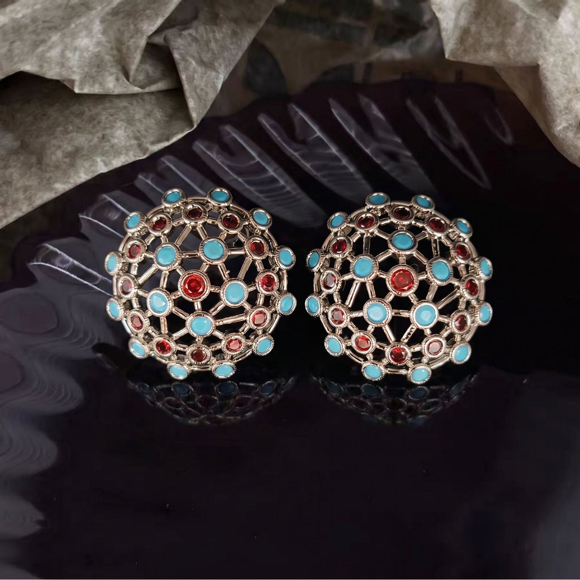 Mid-century Ring With A Hollowed-out Sphere Featuring Red And Blue Dots