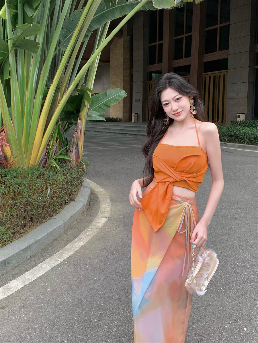 Sleeveless Tube Top Top And Orange Tie-dye Design Niche Dress