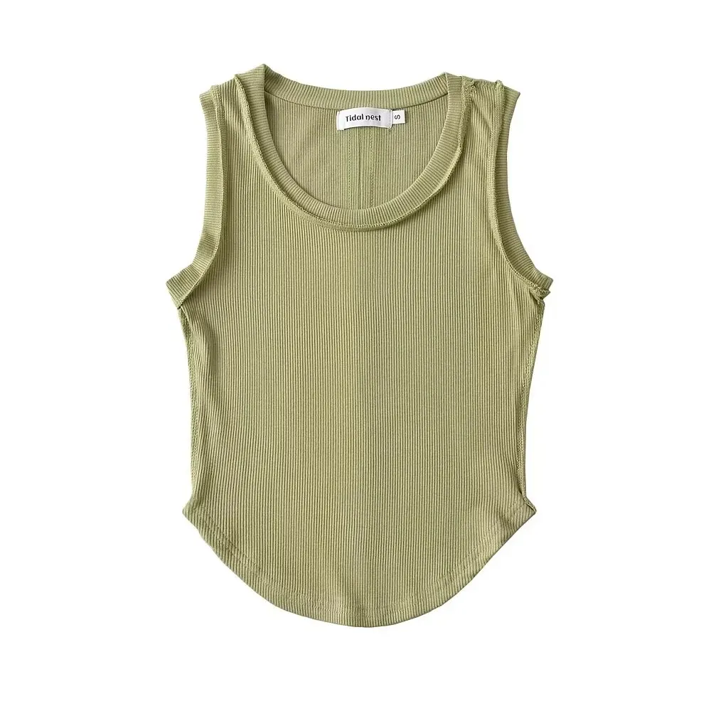 New U-collar Women's Solid Color Curved Edge Vest - Green