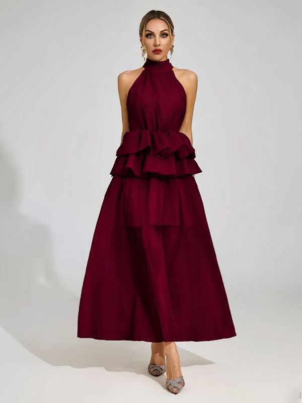 Flowy Ruffled Wedding Dress With A Halter Neckline