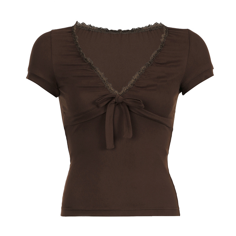Summer New Tied Slim Fit Slimming Chest Micro Pleated Casual All matching Tops Brown - Shop at LoveMi