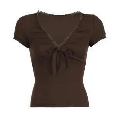 Summer New Tied Slim Fit Slimming Chest Micro Pleated Casual All-matching Tops - Brown - View 1