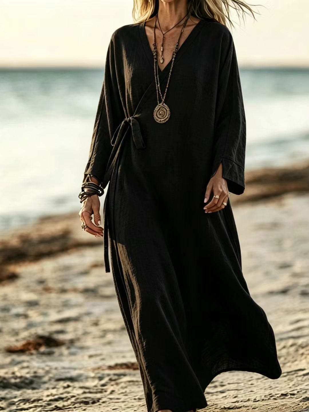 V-neck Crossover Strap Long-sleeve Resort Dress Eb8fd2af 37f4 4fcc 8078 F5a5d688e1b7