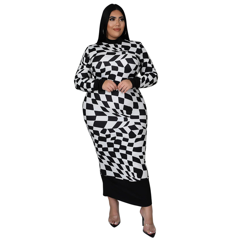 Women's Crew Neck Plaid Printed Long Sleeve Elegant Dress White - Shop at LoveMi