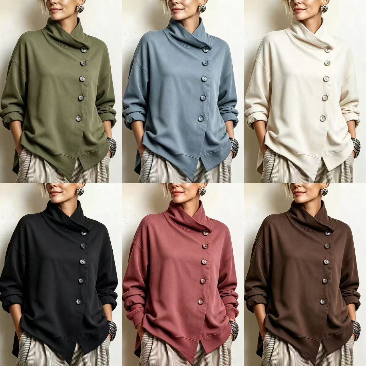New Turtleneck Long-sleeve Top With Slanted Button Placket And Asymmetrical Hem