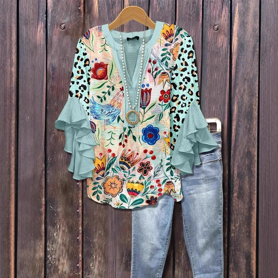 Womens Casual V-Neck T-Shirt With Digital Print And Lace Trim