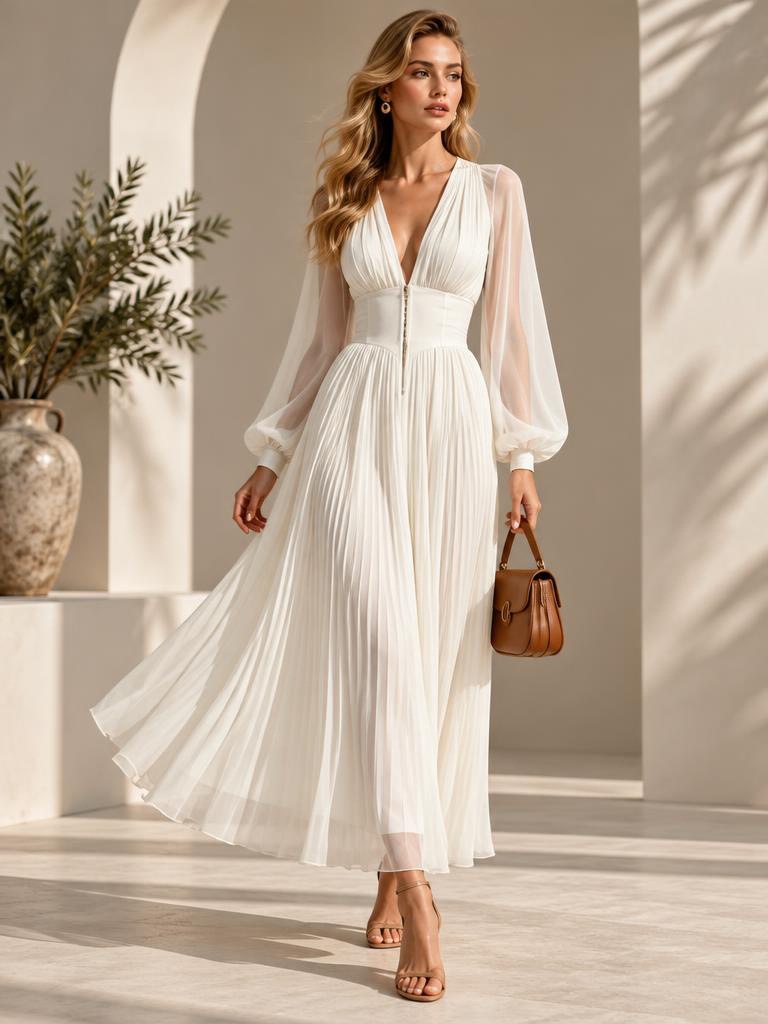 Women's Deep V-Neck Long-Sleeve Chiffon Dress With Puffed Sleeves Eb94077e 49e5 4ae0 A30d 22e0e52f23f6