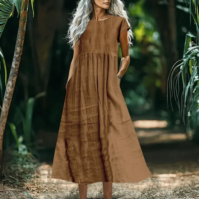 Women's Solid Color Loose Fitting All Match Cotton Linen Dress With Pockets Khaki - Shop at LoveMi
