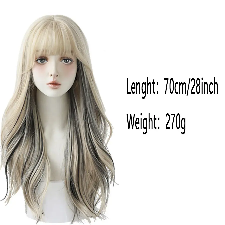 Long Wavy Curly Black Blonde Highlights Synthetic Mixed Wig Head Cover