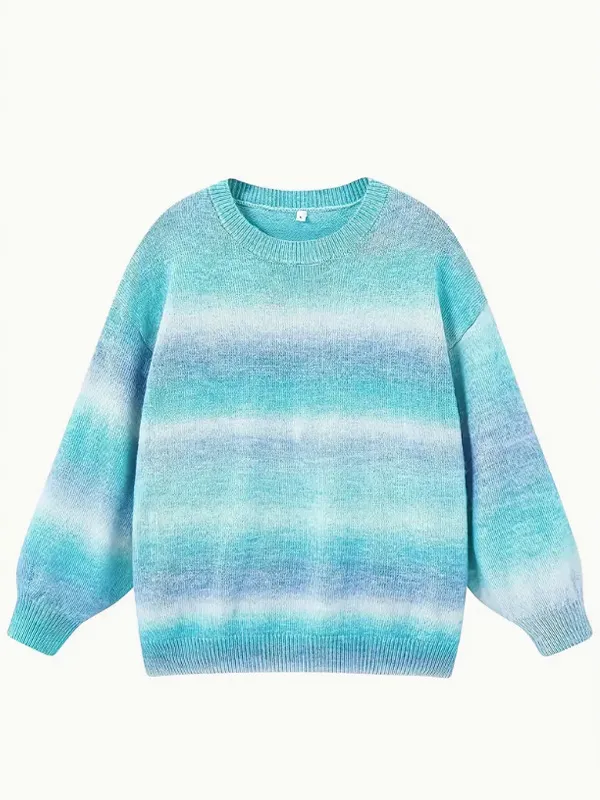 Stitching Contrast Color Knitted Sweater Fashion Pullover Round Neck Gradient Rainbow Striped Top Sky Blue - Shop at LoveMi